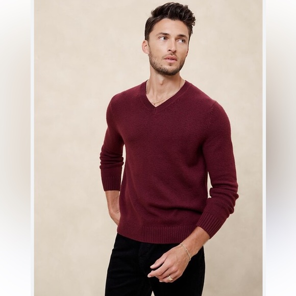 BR L ECO Burgundy Long Sleeve V Neck Fine Knit Sweater